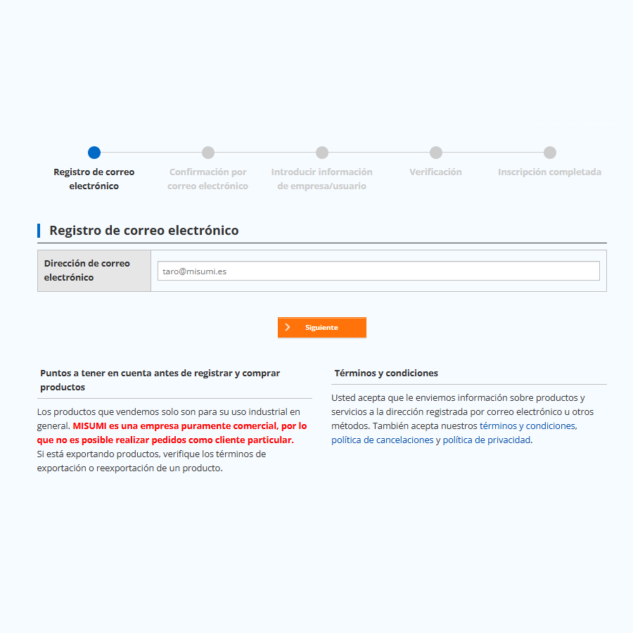 Screenshot about the registration form of MISUMI