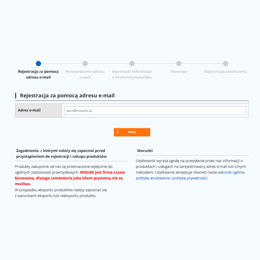 Screenshot about the registration form of MISUMI