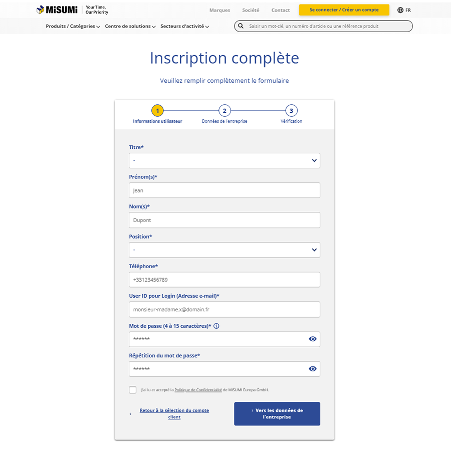 Capture d'écran du formulaire d'inscription de MISUMI