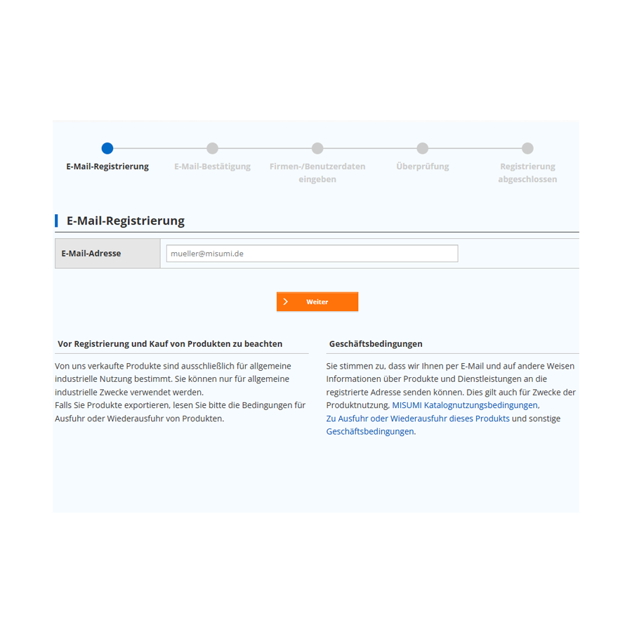 Screenshot über das Anmeldeformular von MISUMI